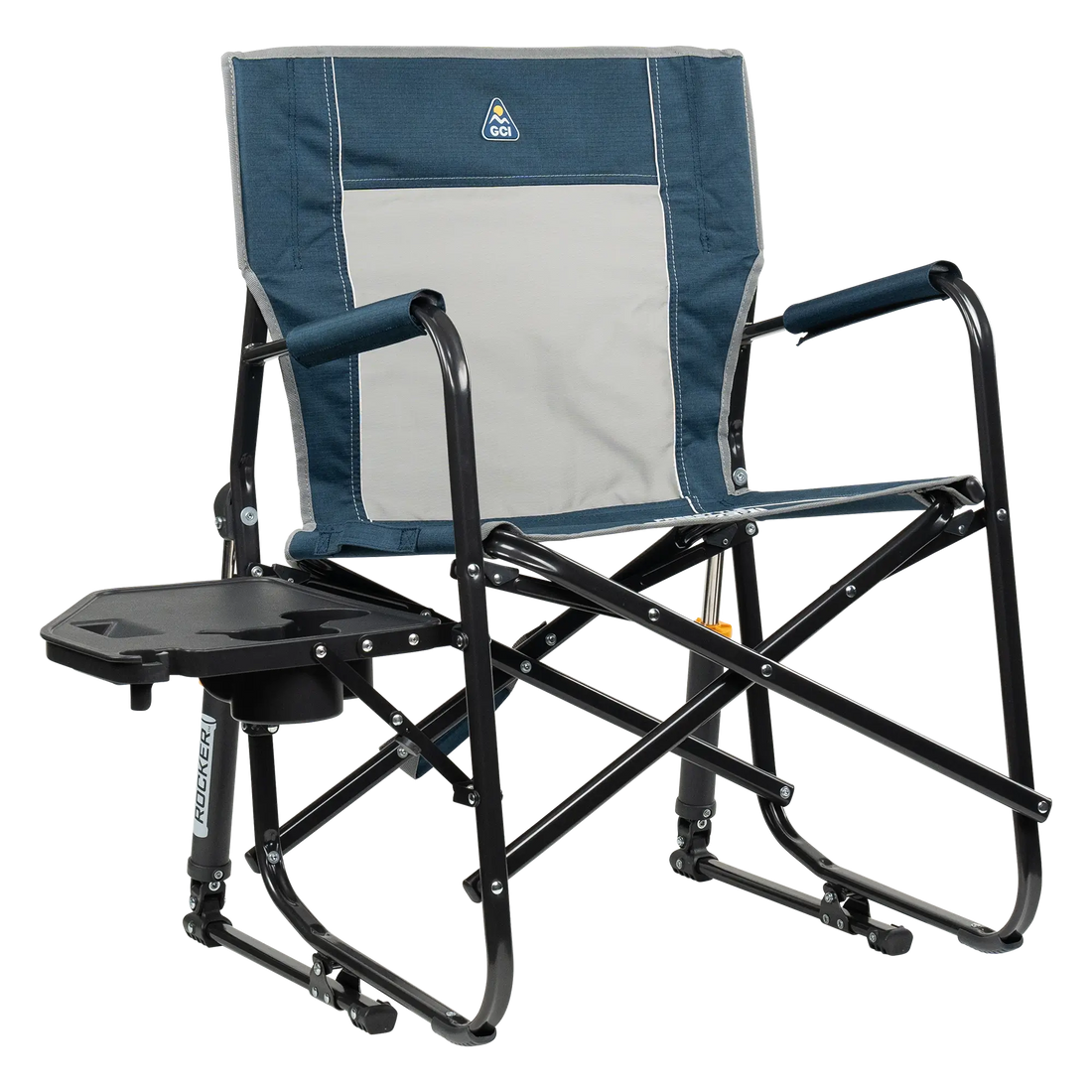 Premium All-Weather Freestyle Rocker with Side Table - Choice 853 - Patented Spring-Action Rocking Chair for Camping - Heathered Indigo