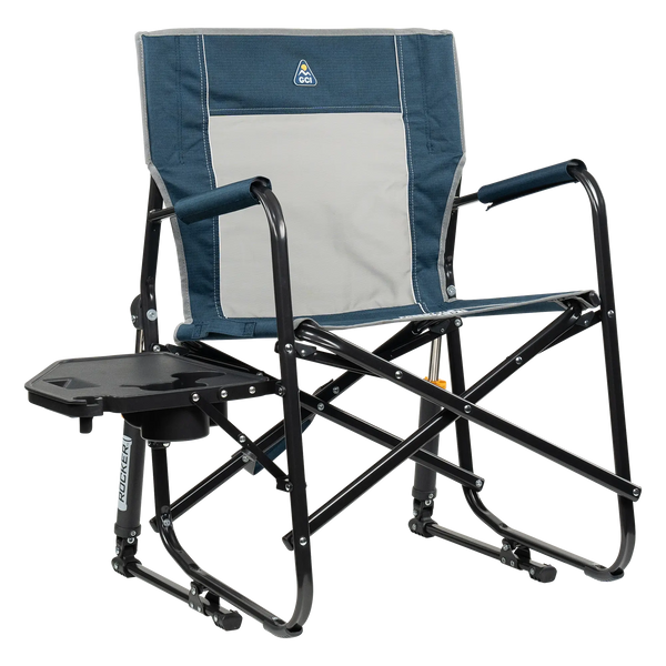 Premium All-Weather Freestyle Rocker with Side Table - Choice 853 - Patented Spring-Action Rocking Chair for Camping - Heathered Indigo