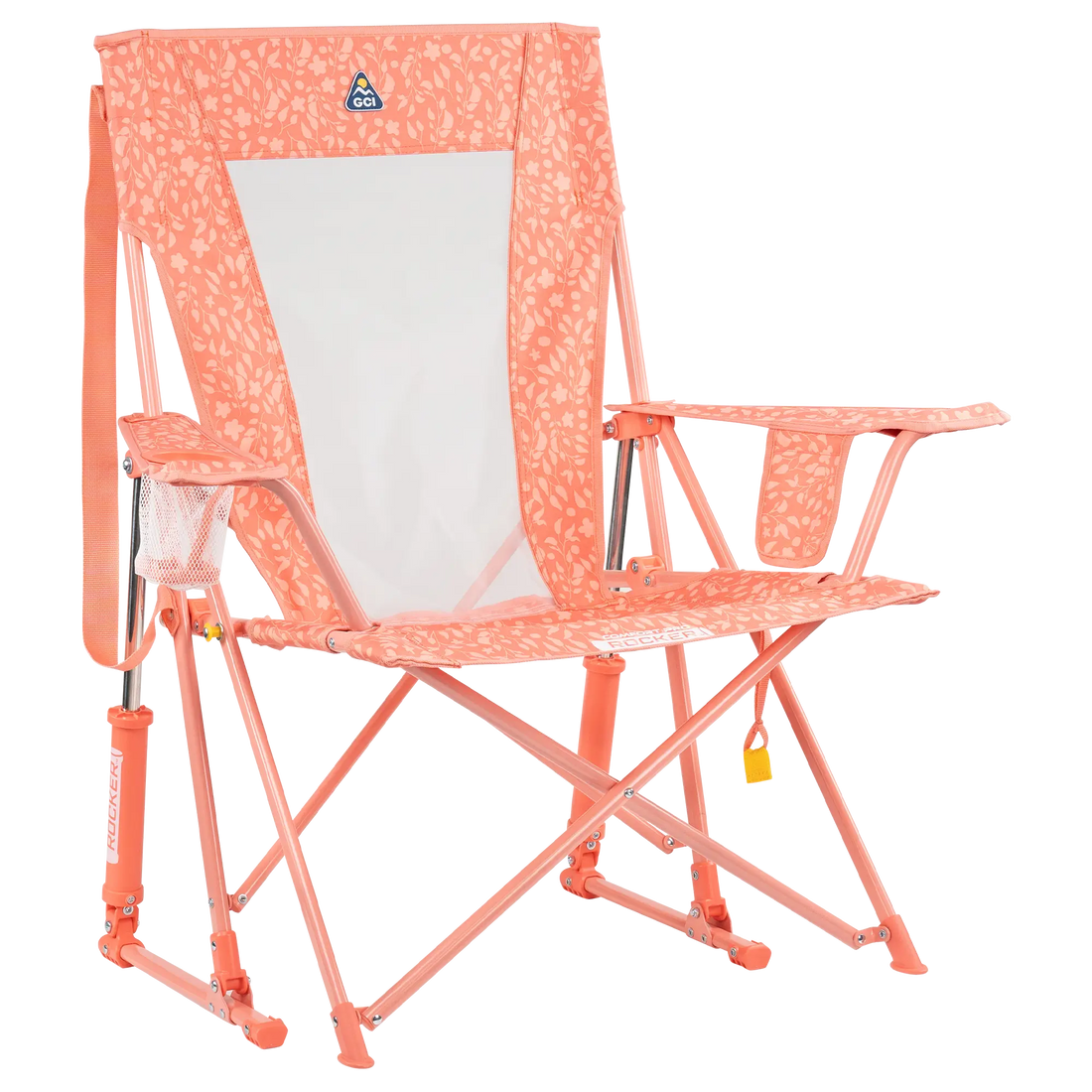 Luxury Camp Comfort Pro Rocker - Choice 375 - Heavy-Duty Kickback Rocker with Beverage Holder - Coral Garden