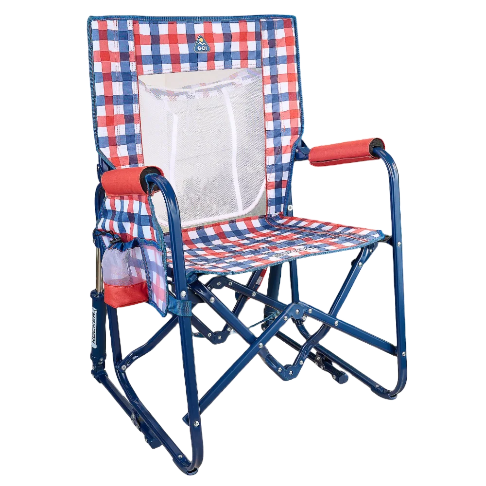 Premium All-Weather Stowaway Rocker with Storage Pouch - Choice 573 - RoadTrip Rocker Smooth Motion Camp Chair - Patriotic Plaid