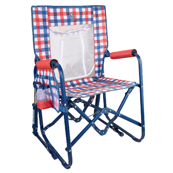 Premium All-Weather Stowaway Rocker with Storage Pouch - Choice 573 - RoadTrip Rocker Smooth Motion Camp Chair - Patriotic Plaid