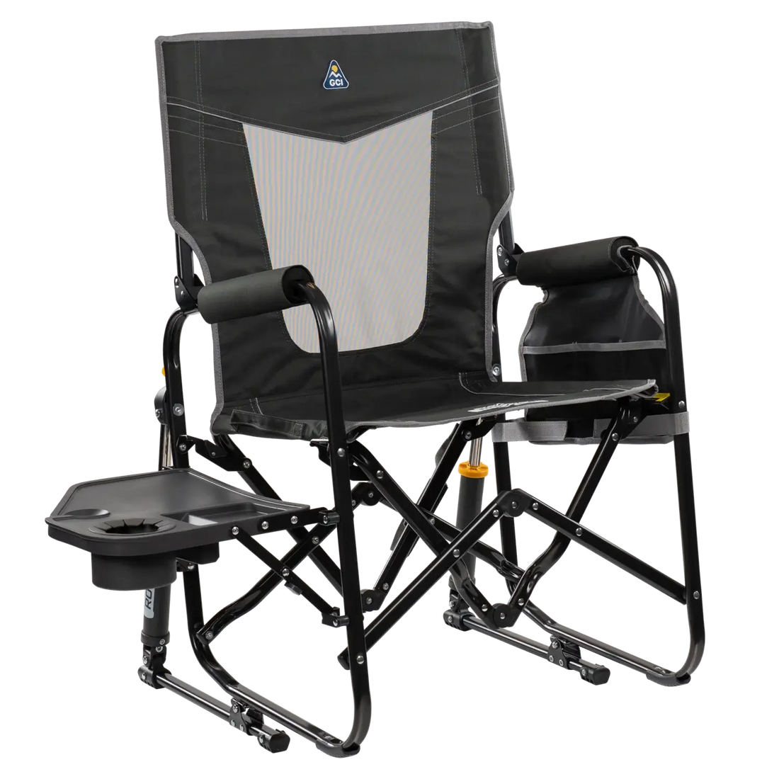 Premium All-Weather Stowaway Rocker with Side Table - Choice 253 - RoadTrip Rocker Smooth Motion Camp Chair - Dark Charcoal