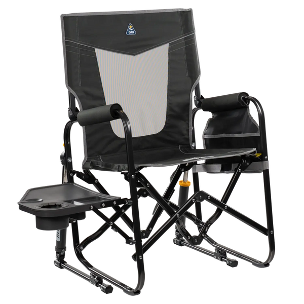 Premium All-Weather Stowaway Rocker with Side Table - Choice 253 - RoadTrip Rocker Smooth Motion Camp Chair - Dark Charcoal